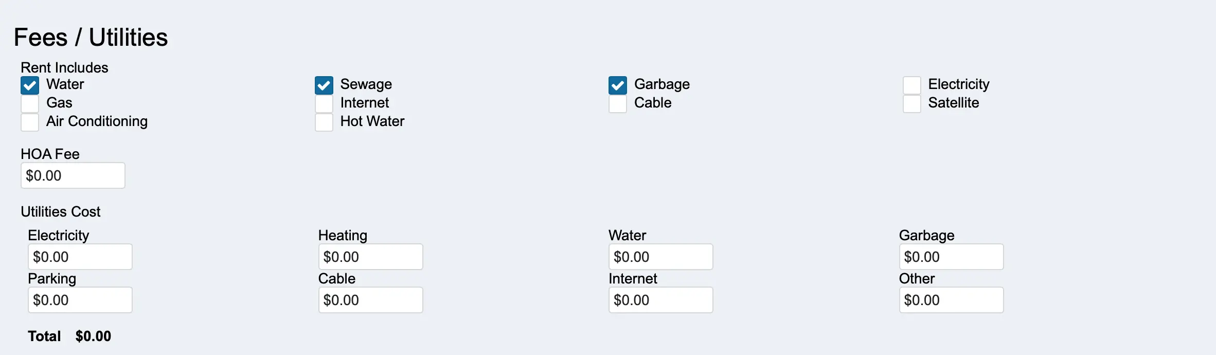 Landlord Software - Show the fees and utilities for the rental property