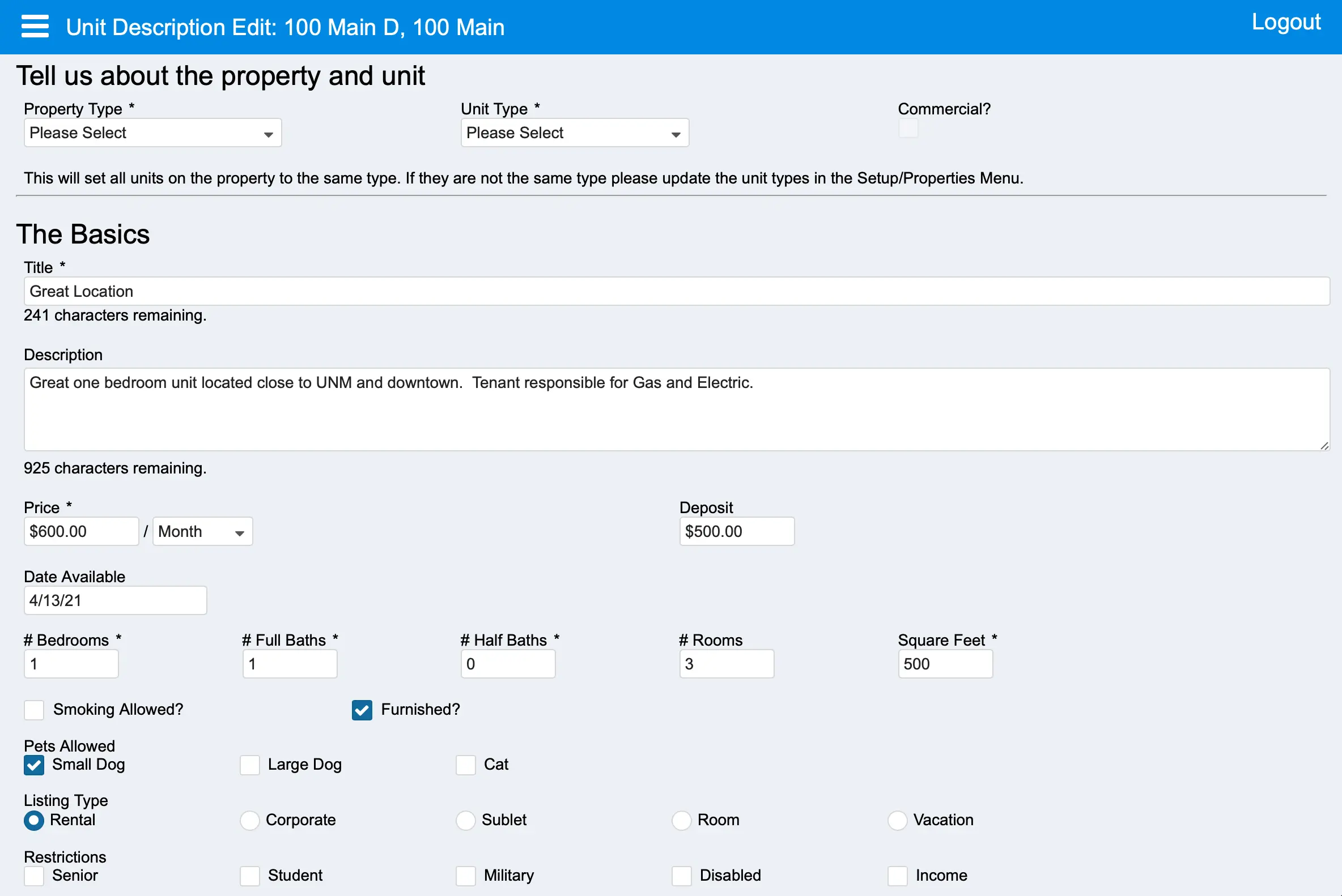 Rental Property Management Software - List the type of rental property