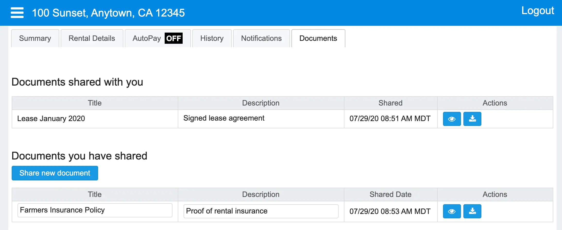 Rental Property Management Software - Tenants can share documents with landlords