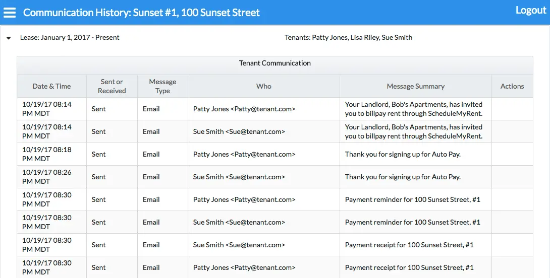 Collect Rent Online - Tenant e-mail list