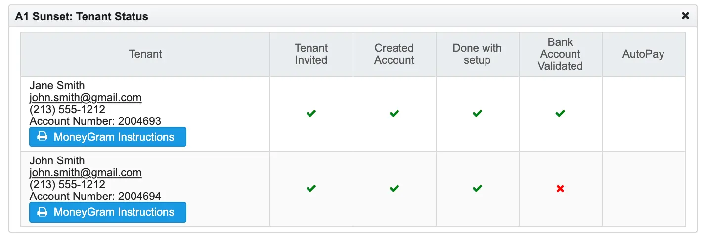 Collect Rent Online - Tenant Status Screen