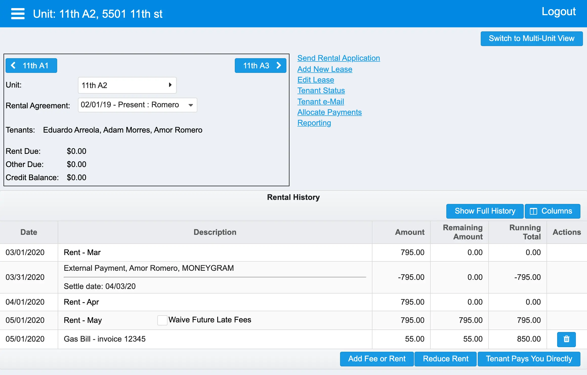 Collect Rent Online - Landlord Unit Rent Collection Dashboard